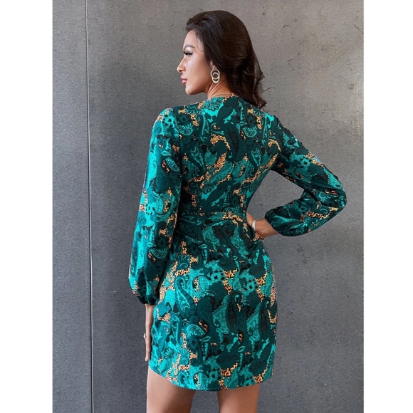 Paisley Printed Green V-Neck Long Sleeve Mini Belted Dress - Picture 3 of 8